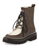Monili-Trim Leather Hiker Boot, Brown/Ivory