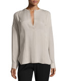 Long-Sleeve Embroidered Stretch-Silk Blouse, Taupe