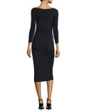 3/4-Sleeve Ribbed Knit Midi Dress, Black
