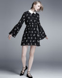 Lily Long-Sleeve Printed Mini Dress, Black/Ivory