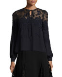 Lace-Illusion Tie-Neck Blouse, Dark Navy/Black