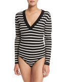 Decade Striped V-Neck Bodysuit, Black/Ivory