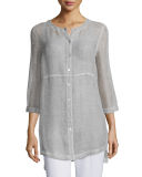Long-Sleeve Button-Front Linen Mesh Top