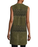 Long Suede & Lace Topper Vest, Olive