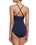Goddess Twist Halter One-Piece Swimsuit, Indigo