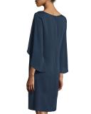 Butterfly-Sleeve V-Neck Shift Dress, Navy