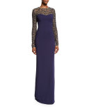 Sequined Lace Long-Sleeve Gown, Maritime