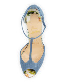 Senora Denim 100mm Red Sole Sandal, Blue/White