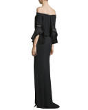 Off-the-Shoulder Bell-Sleeve Gown, Black