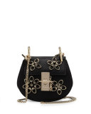 Drew Nano Floral Leather Saddle Bag, Black