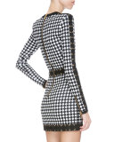 Long-Sleeve Harlequin-Print Mini Dress, Black/White