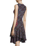 Sleeveless Floral Silk Tank Dress, Midnight/Multicolor