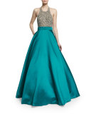 Sleeveless Sequined Combo Ball Gown 