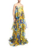 Floral-Print Sleeveless Tiered Organza Gown, Citrine
