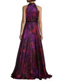 Sleeveless Floral Silk Organza Gown, Magenta