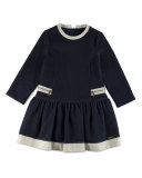 Long-Sleeve Smocked Pique Jersey Dress, Navy, Size 4-6