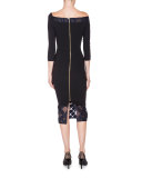 Asymmetric Off-Shoulder 3/4-Sleeve Dress, Navy