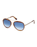 Andy Trimmed Aviator Sunglasses, Rose Gold/Havana