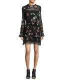 Whisper Floral Lace Silk Mini Dress, Black Multicolor