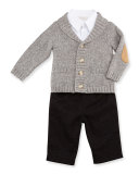 Shawl-Collar Sweater, Button-Front Shirt & Glen Plaid Pants, Gray, Size 6-24 Months