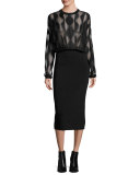 Long-Sleeve Blouson Combo Dress, Black