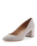 Lauren Scalloped Suede Block-Heel Pump, Elephant Gray