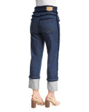 Cuffed Raw-Edge Stretch Jeans, Dark Navy