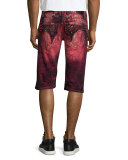 Distressed & Bleached Denim Shorts, Red