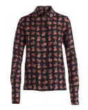 Long-Sleeve Fruit-Print Blouse, Navy/Multi