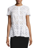 Short-Sleeve Snap-Front Peplum Blouse, White