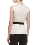 Draped Belted Sleeveless Blouse, Ecru