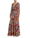 Embellished-Waist A-Line Gown, Blue/Camel