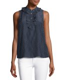 Small Ruffle Sleeveless Top, Navy Polka Dot