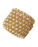 Gold-Plated Mesh Bracelet with Simulated Pearls