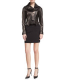 Zip-Front Short Moto Leather Jacket, Black