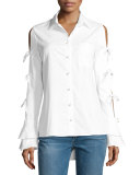 Pearly-Button Tie-Sleeve Oxford Shirt, White