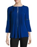 Orion 3/4-Sleeve Pintucked Silk Blouse, Bluette