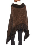 Asymmetric Fur Poncho w/Rosette, Brown