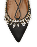 Christy Crystal Lace-Up Pointed-Toe Flat, Black