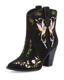 Jenny Embroidered Western Bootie, Black/Birds