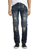 Distressed & Bleached Cargo Moto Jeans, Blue