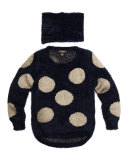 Cornellia Polka-Dot Eyelash Sweater w/ Scarf, Navy, Size 8-14