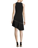 Pearly-Studded Asymmetric Sleeveless Dress, Black