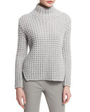 Popcorn-Knit Turtleneck Side-Split Sweater, Silver Gray