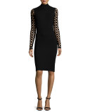 Lattice-Sleeve Mock-Neck Sheath Dress, Black