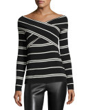 Tyler Striped Wrap-Front Top, Black/Natural