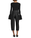 Willow Ribbed Bell-Sleeve Top, Black