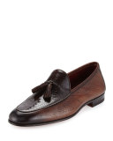 Ostrich/Leather Tassel Loafer, Brown