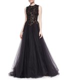 Beaded Contrast Tulle Gown, Black