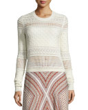 Long-Sleeve Mixed-Knit Top, Ivory